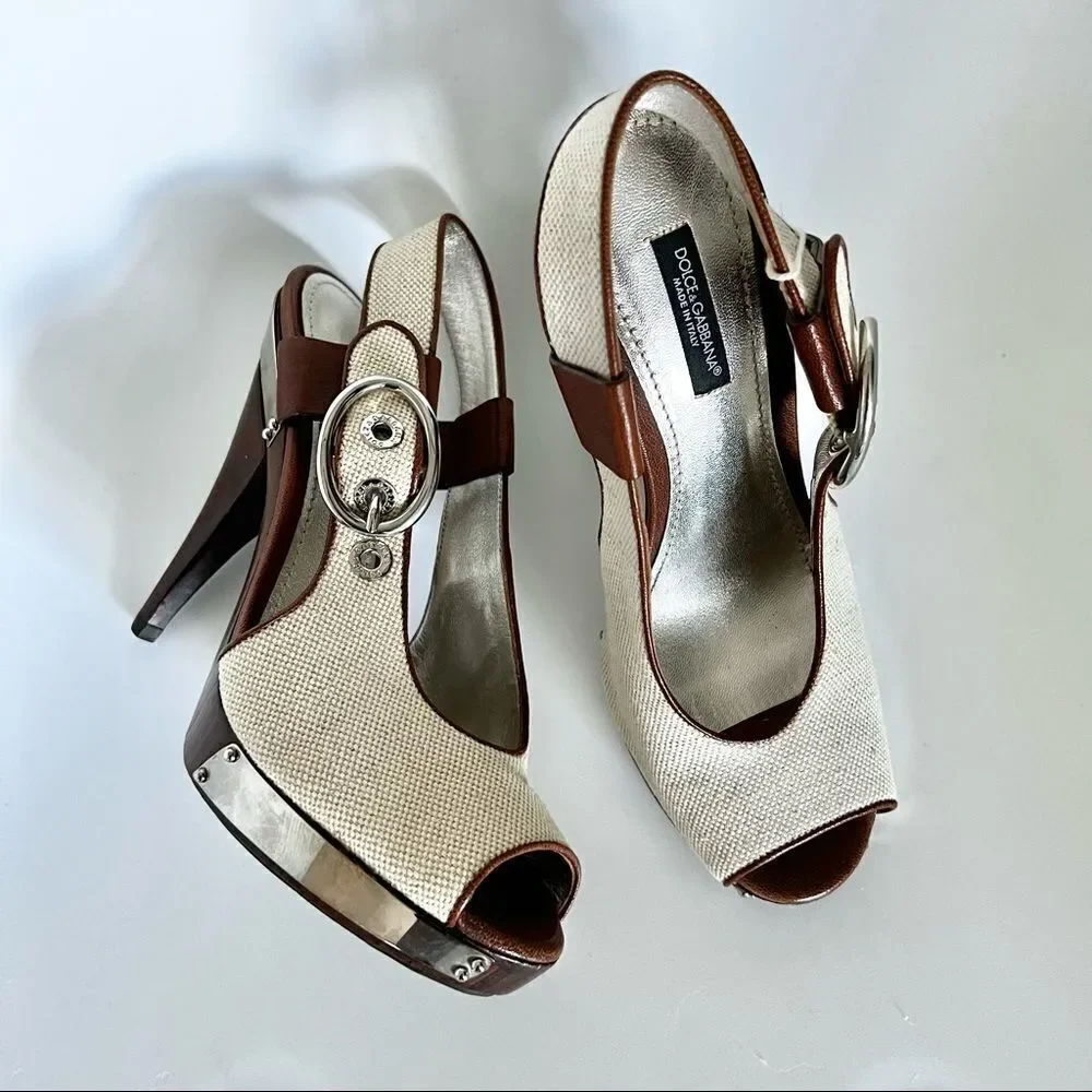 NEW Dolce & Gabbana Canvas Wooden Platform Open Toe Slingback EU 37 MSRP $795
